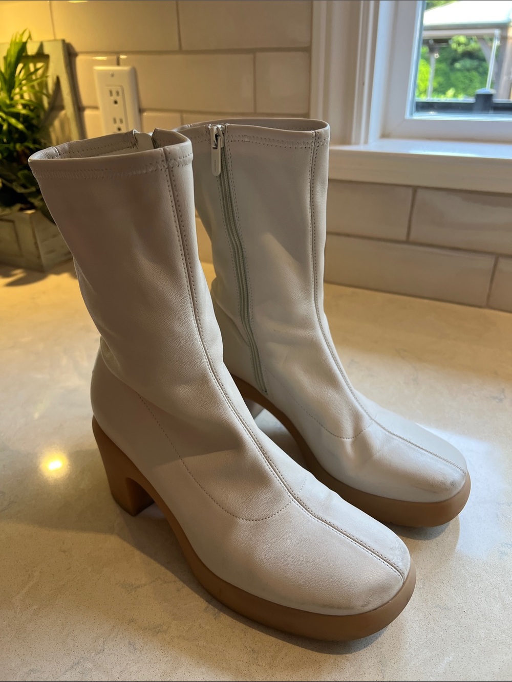 Vince White Leather Mid-Calf Heeled Boots with Tan Platform